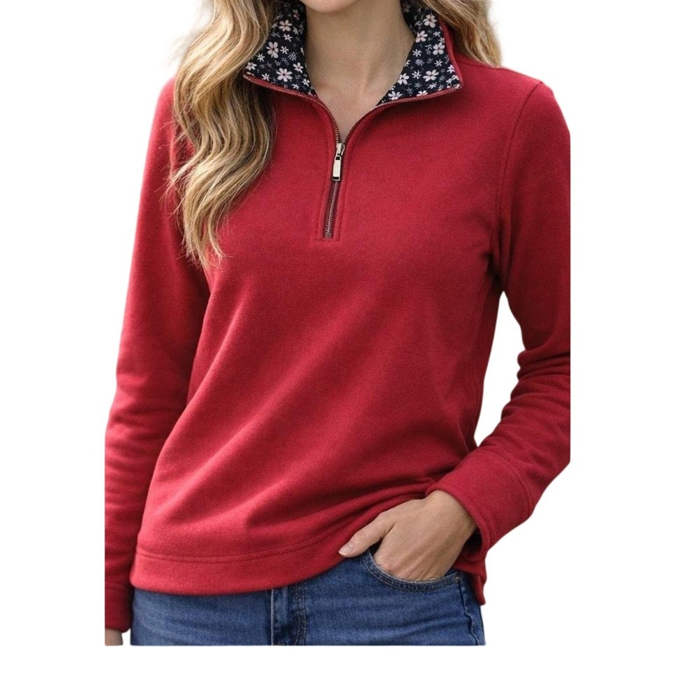 Orvis Womens Red Ribbed Quarter‎ Zip Pullover Floral Trim Sweatshirt Size S
